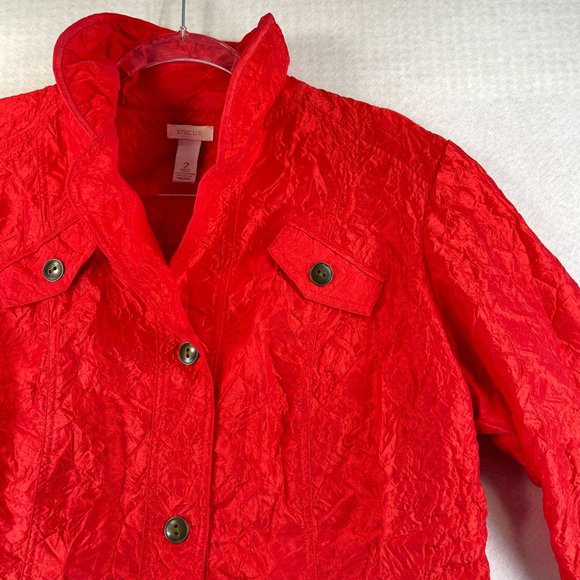 CHICOS Womens L Red Crinkle Jacket Button Up Zip Pockets Lightweight 3/4 Sleeves - Picture 2 of 11